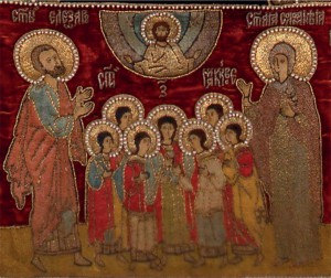 Святой Елеазар, семь братьев Маккавеев и их мать Соломония. Фрагмент вышитой пелены. XVI в.